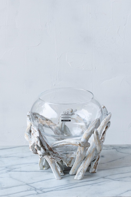 漂流木口吹玻璃花器 H