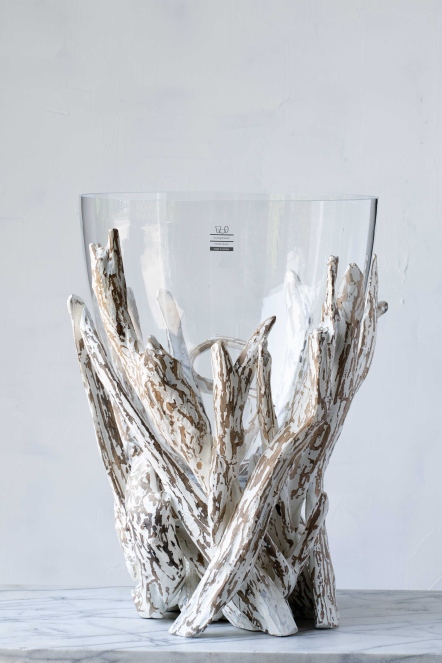 漂流木口吹玻璃花器 H47